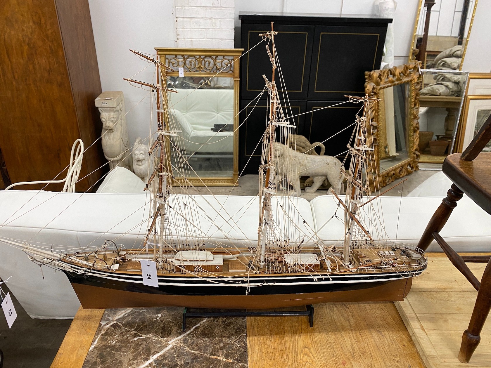 A three masted ship model, length 105cm